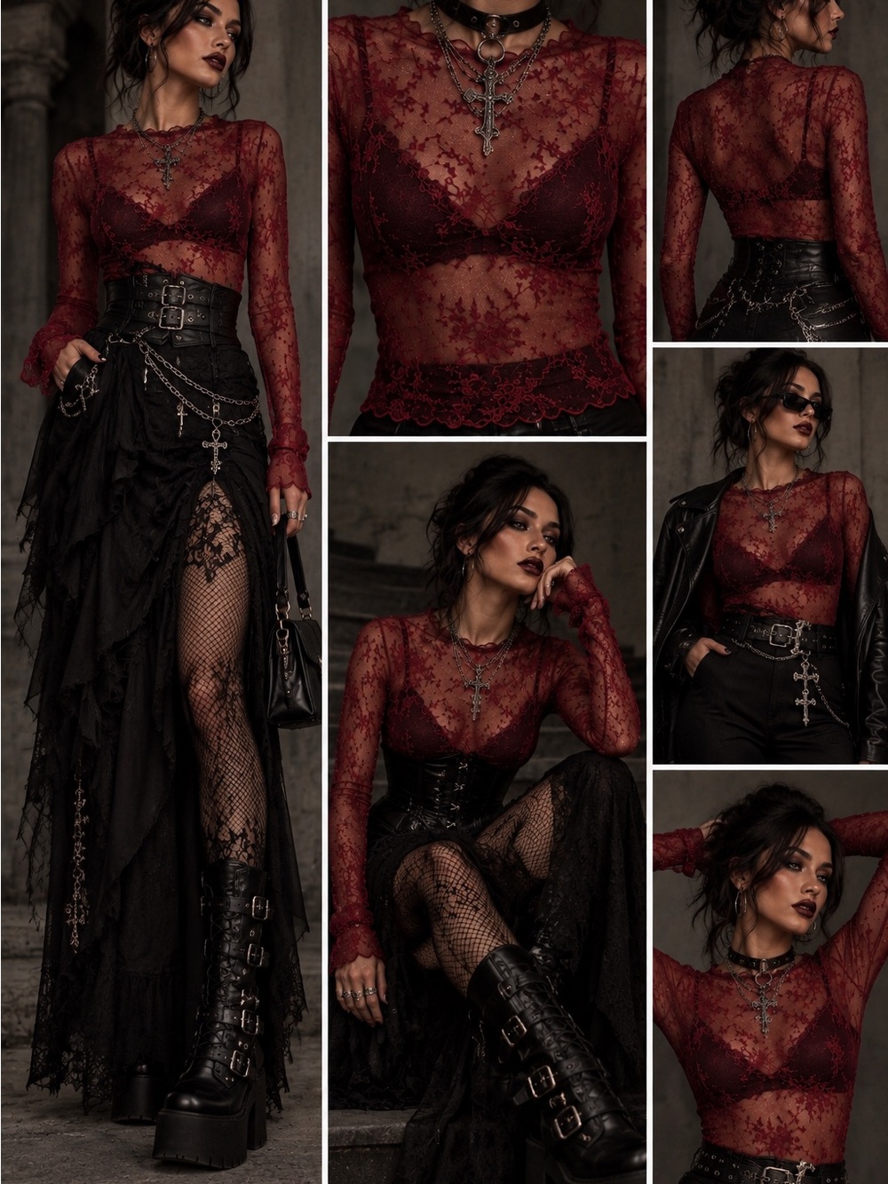 Sheer Lace Long-Sleeve Crop Top - Burgundy